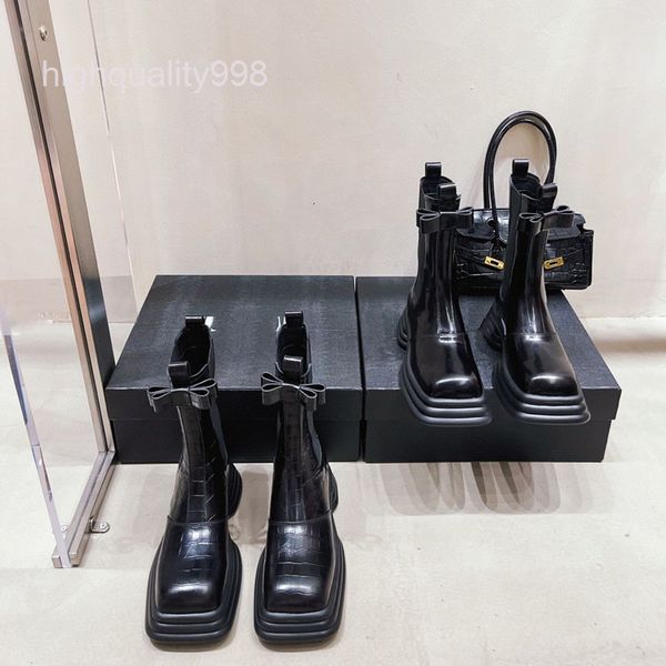 

boots high end quality autumn winter bow short boots thick high heels waterproof platform tube women, Black