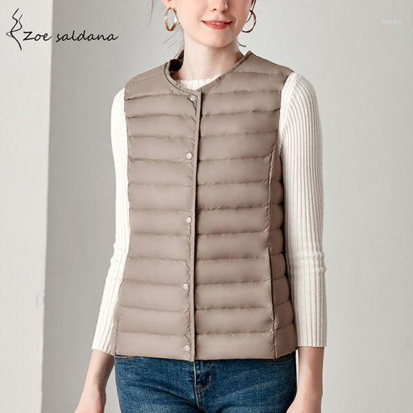 

zoe saldana 2018 o-neck duck down jackets sleeveless ultra-light white duck down winter coat women candy color vest coat1, Black