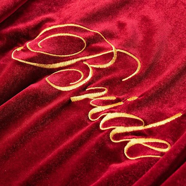 

women's sleepwear women velour gown 2pcs nighty&robe suit embroidery letter bride bridesmaid wedding robe soft lace patchwork kimono ba, Black;red