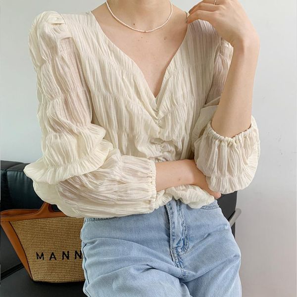 

women's blouses & shirts summer fashion woman 2021 short vintage elegant pleated loose lady clothing long sleeve v-neck female korean, White