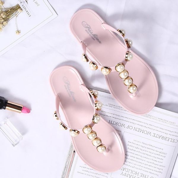 

sandals pink flip flops 2021 women summer mules with pearl slippers woman studded flat flip-flops ladies fashion outdoor shoes, Black