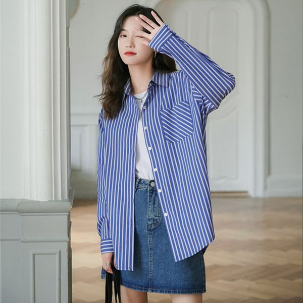 

blue stripe suntan women's shirts 2021 vintage spring harbor versatile sleeve mean shirt long jacket 1puu, White