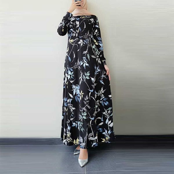 

women's long muslim dress vintage round neck large swing floral print robes female hijab dresses long-sleeve maxi gown 210712, Black;gray
