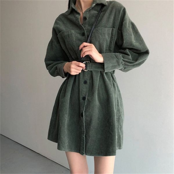 HziriP Retro Green Solid Velluto a coste Addensare Coreano Plus Size Telai Eleganti Chic Office Lady Streetwear Abiti a vita alta 210309