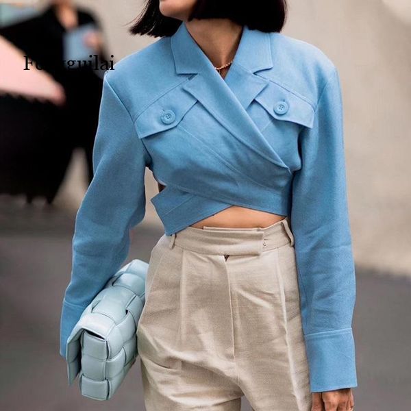 

women's jackets women fashion party sky blue short jacket suit 2021 cross strap long sleeve ladies coat cloths, Black;brown