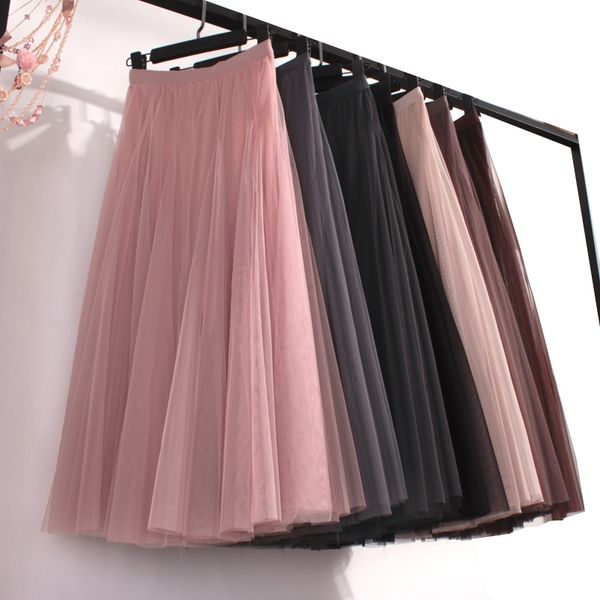 

women half body autumn winter hanging feeling yarn skirt long super immortal high waist thin mesh medium length skirt, Black
