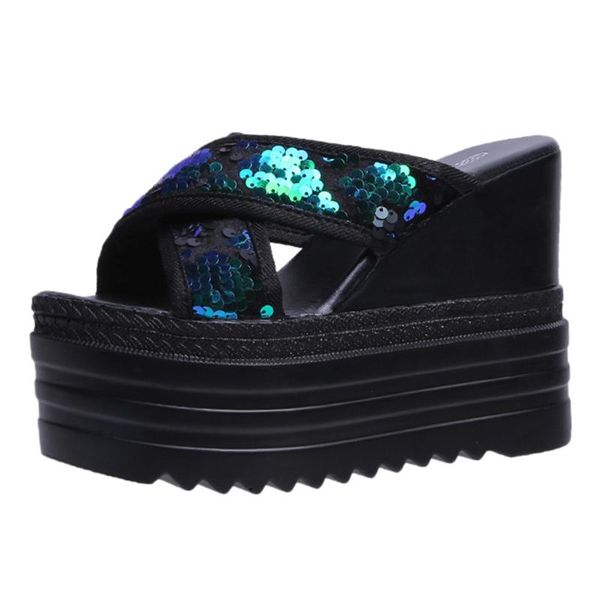 

slippers women's summer sequin wild outdoor plus fashion high heel wedges thick-soled cross band slippers#401, Black