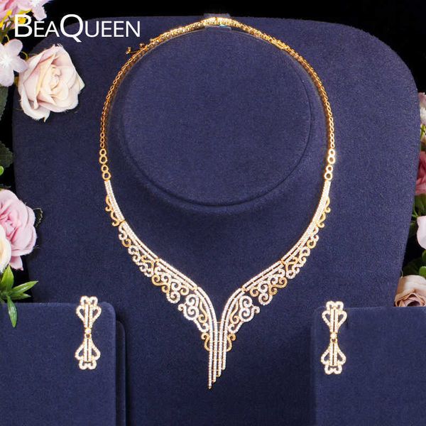 BeaQueen Neueste Zirkonia Mikro Gepflastert Indische Gold Farbe Ohrringe Halskette Vintage Hochzeit Schmuck Sets für Bräute JS251 H1022