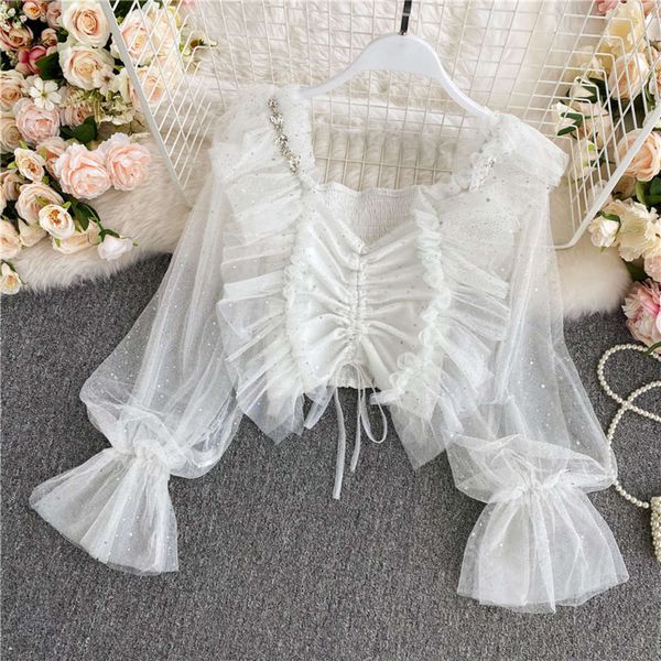 

luxury chiffon sweet net french 2020 autumn new square neck super fairy pleated drawstring short ruffle 2021, White