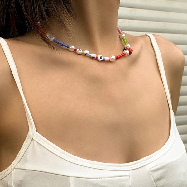 

chokers korean ethnic imitation pearl letters choker necklace for women sweet girls colorful beads bohemian femme jewelry, Golden;silver