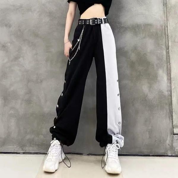 

women's pants & capris arrival women fashion contrast cargo female elastic waist wide leg trousers ladies korean high street pant plus, Black;white