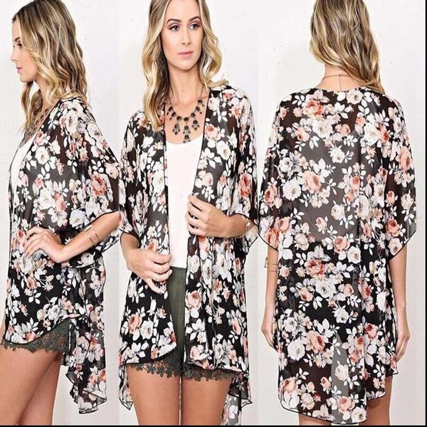 

2018 women flower blouses summer kimono cardigan maxi shirts half sleeve summer sunsuits outfits drop shipping, White