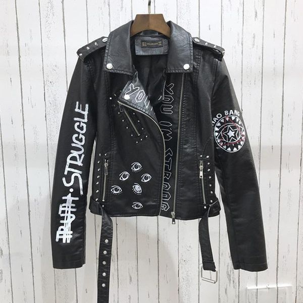

women's leather & faux 2021 autumn winter turn down collar letter print epaulet rivet zipper biker outerwear women jacket, Black