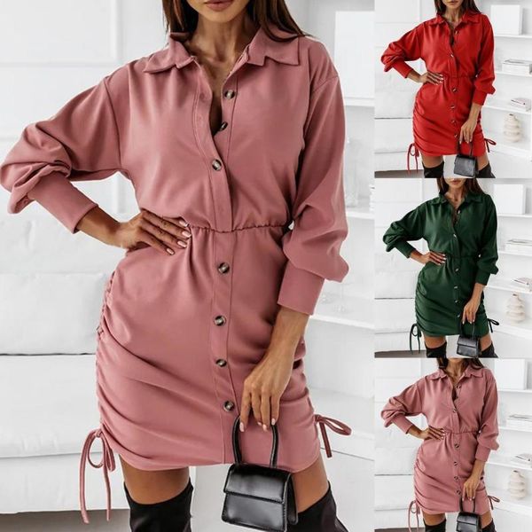 

casual dresses 2021 ladies dress turn-down collar high waist comfy solid single-breasted party shirt for autumn winter, Black;gray