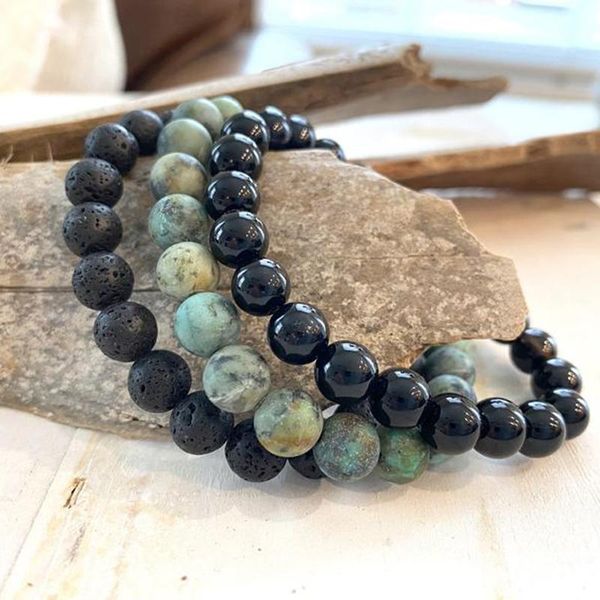 

tennis black onyx & lava african t-urquoise bracelet stack stretch bracelets mala beads set gift for him, Golden;silver