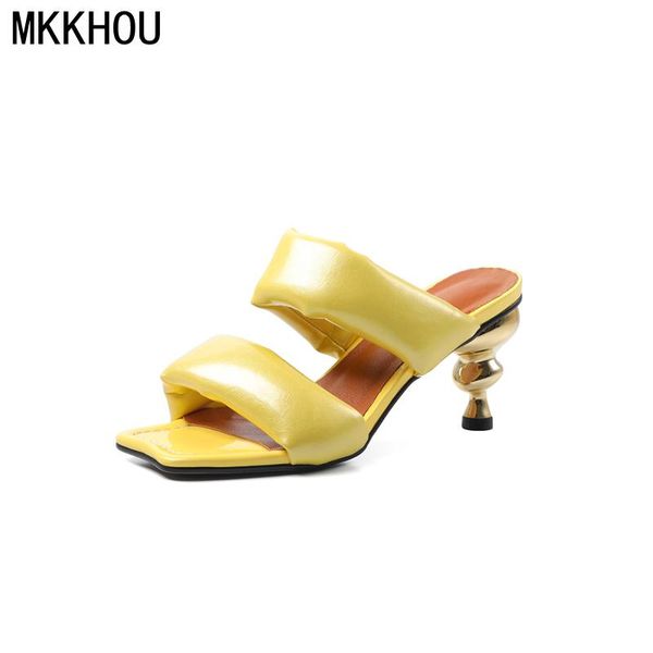 

slippers mkkhou fashion sandals women's summer shoes patent leather one word belt shaped heel high casual open, Black