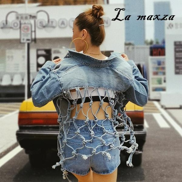 

women's jackets backless tassel 2021 fashion korean casual jacket vintage denim women loose autumn short coat, Black;brown