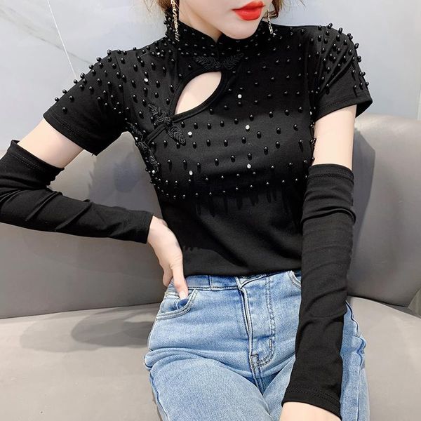 

women's t-shirt women bead work t shirts femme stretchy black, White