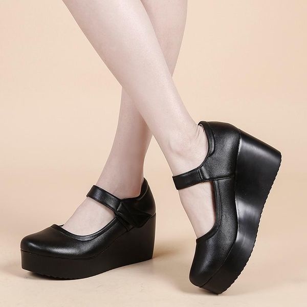 

dress shoes chunky pu leather mary jane platform women casual round toe wedges woman shallow ankle strap pumps female, Black