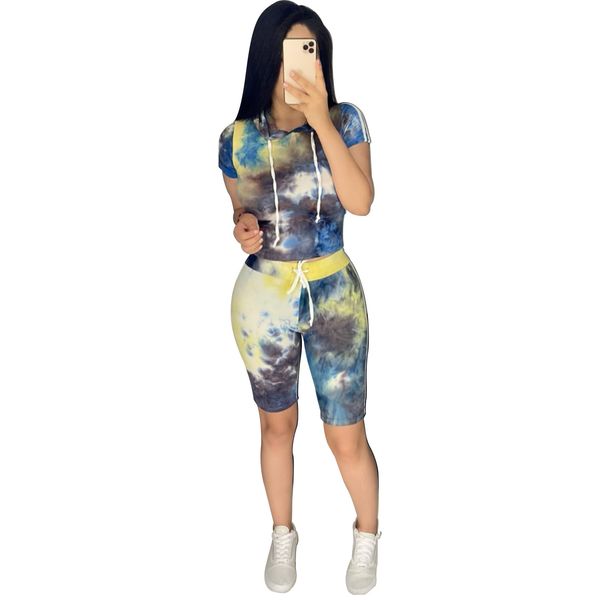 

new female tie dye fitness two pieces sets 2020 summer short sleeve hooded and casual knee two piece sets for women, White
