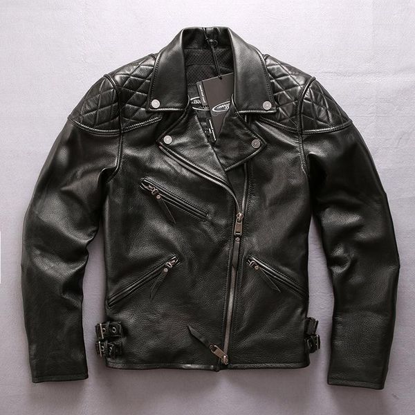 

men's leather & faux fashion brand professional cow motorcycle lapel zipper slim fit moto biker jacket men rivet coat, Black