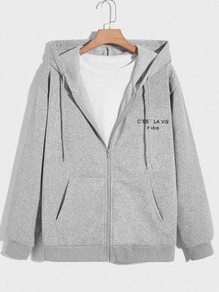 

romwe guys letter zip up pocket drawstring hoodie without tee 90bg#, Black