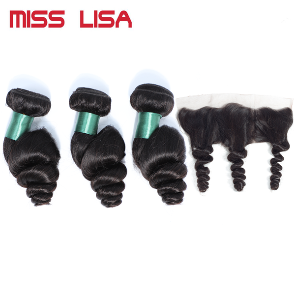 

human hair bulks miss lisa loose wave bundles with 13*4 lace frontal non-remy malaysia weave extension, Black