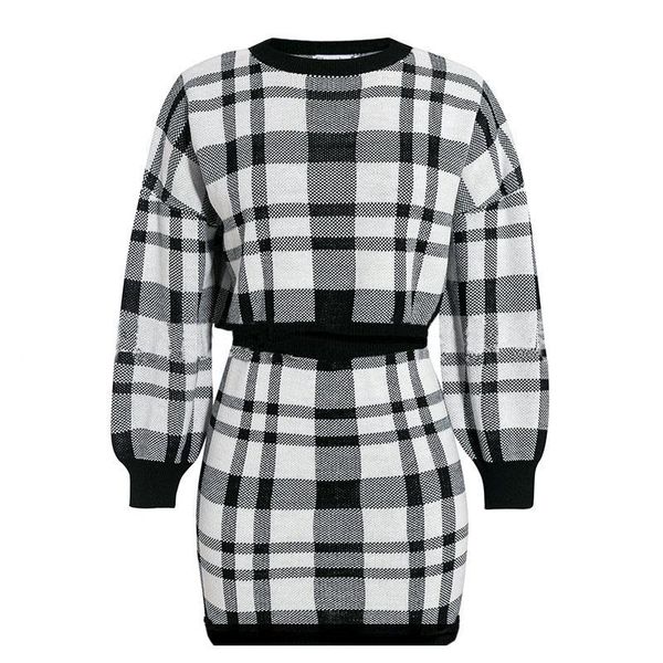 

casual dresses plaid knitted crop autumn dress women long sleeve winter sweater female fashion party mini 2021, Black;gray
