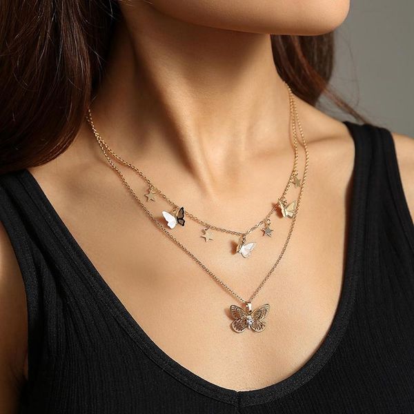 

pendant necklaces fashion cute butterfly choker necklace for women gold color layered chain female chocker jewelry, Silver