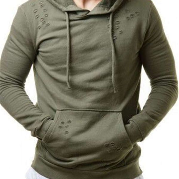 

2021 casual solid color hole men's hooded loose sweater, Black