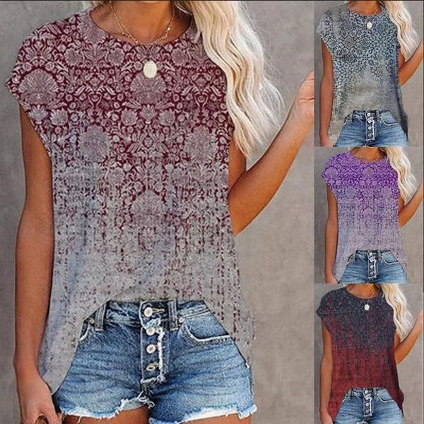 

women's t-shirt 2021 summer gradient retro printing short-sleeved casual round neck top, White