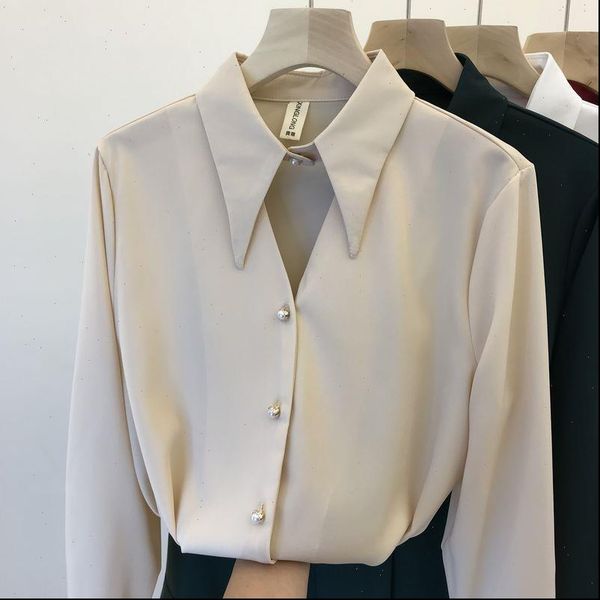 

2021 spring korean style long sleeve lapel silk chiffon shirt womens temperament beaded blouse shirts office ladies blusa, White