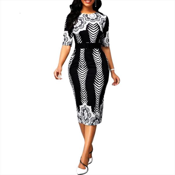 

summer casual plus size slim women dresses office pencil bodycon vintage print high waist party with belt, Black;gray
