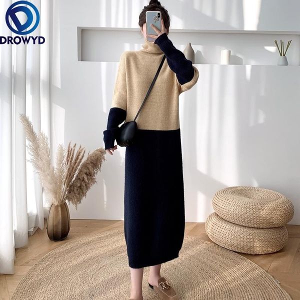 

casual dresses 2021 autumn and winter korean women version of the long high-neck color-blocking knitted dress thickened inner sweater, Black;gray
