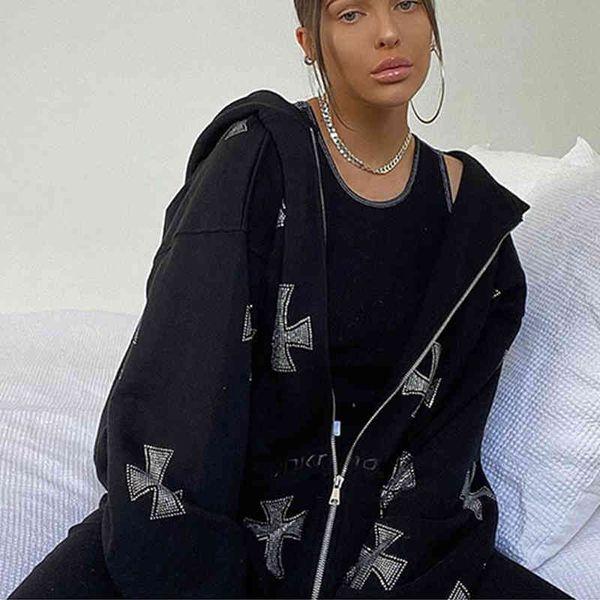 

women's jackets tall retro american street rhinestones with glitter cross jacket in black and white sweater hoodie women's pants s, Black;brown