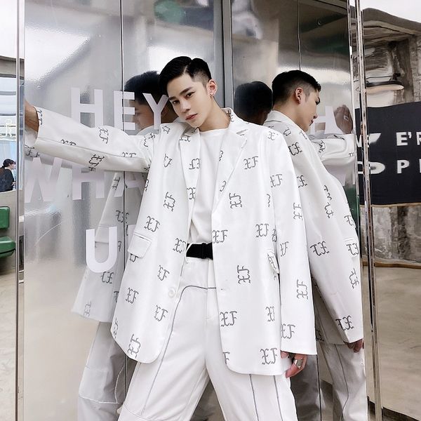 

men's suits & blazers men reflective print casual jacket male women streetwear hip hop fashion loose couple coat stage clothing 8uf4, White;black