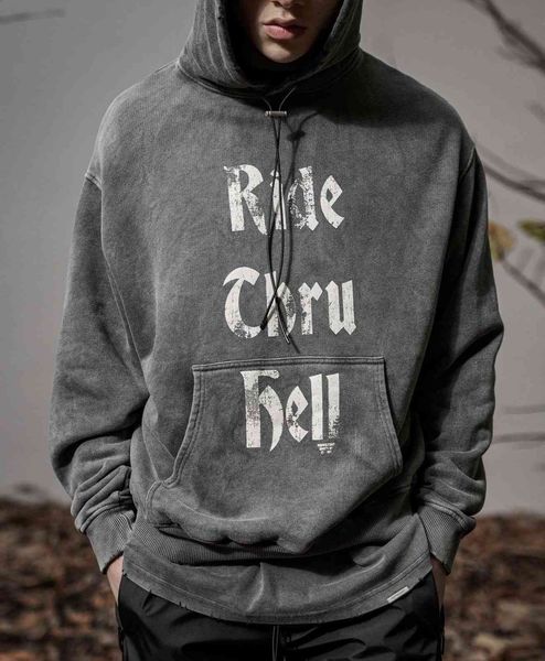 

regent washed vintage lettered print high street hoodie for men and women, Black