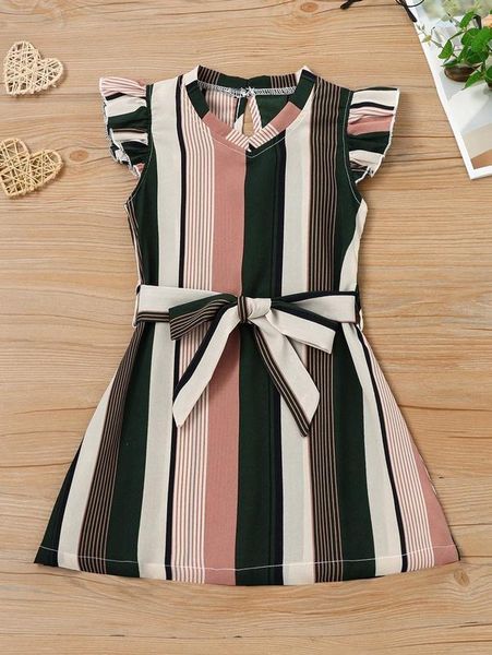 

little girl stripe ruffle belt dress she, Red;yellow
