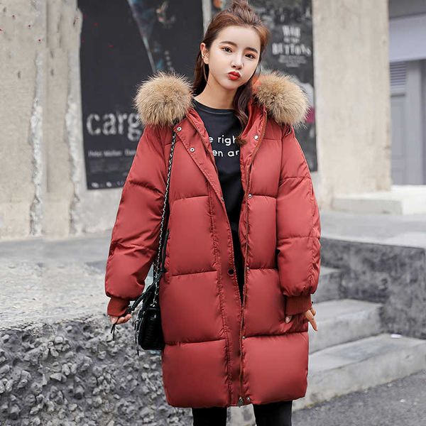 

2021 autumn winter women ladies fashion fur hoodie long down jacket cotton thick parkas female long warm clothing coat, Black