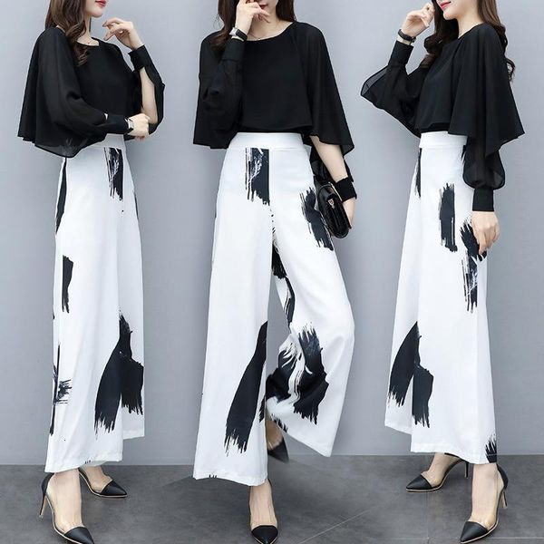 

women's tracksuits spring long sleeve and elastic high waist wide leg full pants floral print elegant fashion office ladies women sets, Gray