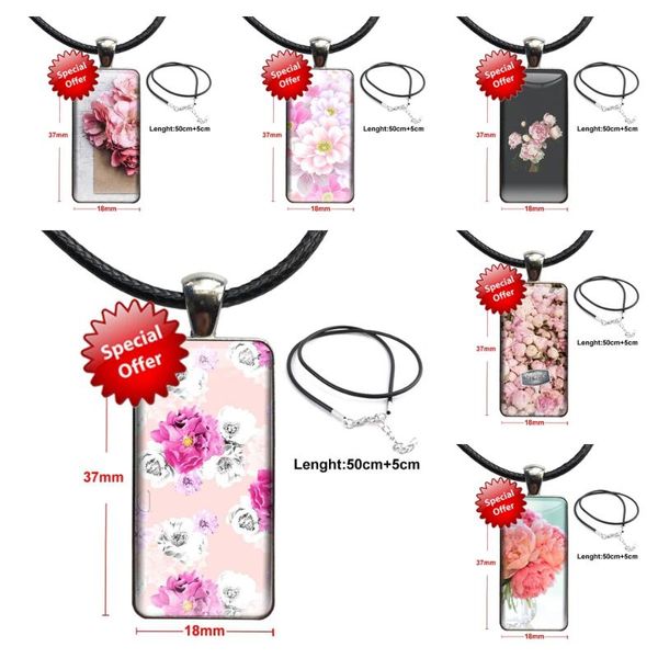 

pendant necklaces for women party flower pink peonies less expensive fashion glass cabochon necklace with statement rectangle, Silver