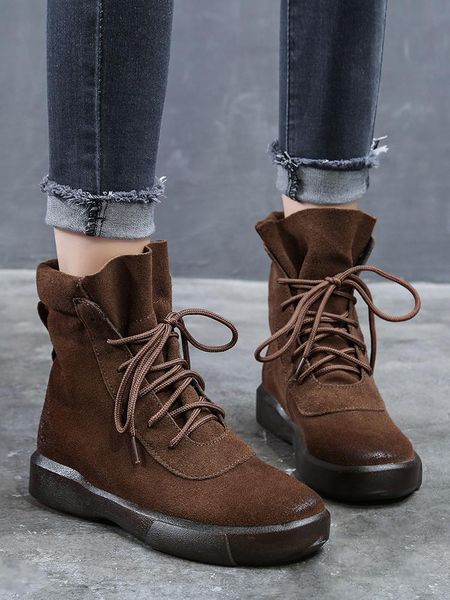 

boots laasimi winter women's high flat for women cow suede leather ankle shoes woman western footwear handmade large size, Black