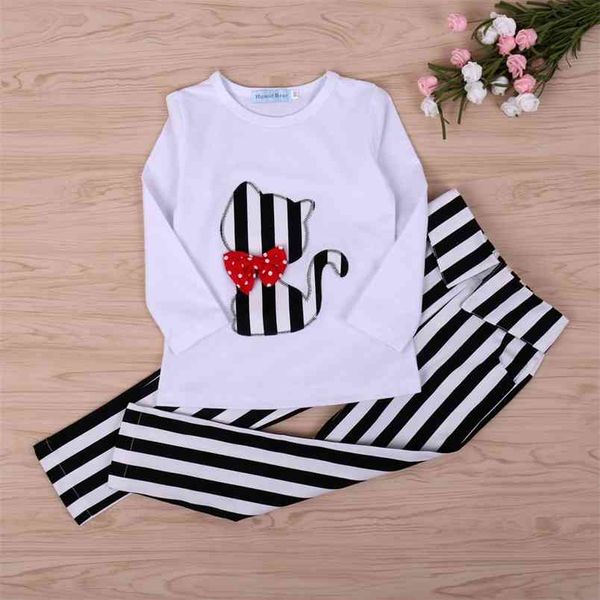 Abbigliamento per bambini primaverili Set di abbigliamento sportivo Top bianco + pantaloni a righe 2 pezzi Ragazza Abbigliamento per bambini Ragazze 210528