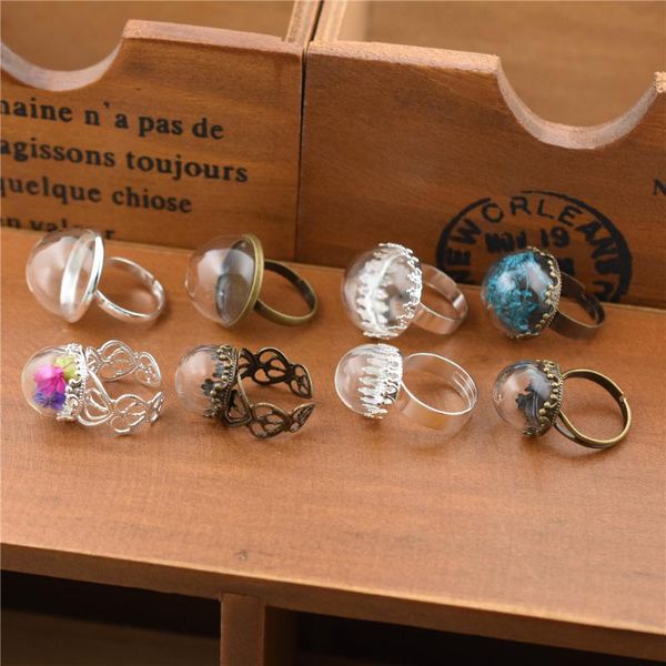 

cluster rings 1set 15mm 20mm hollow glass dome with ring findings set globe vials bottle jewelry, Golden;silver