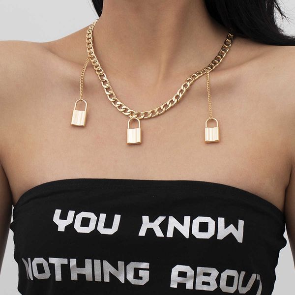 

jewelry simple fashion lock pendant necklace personality punk tassel clavicle alloy neck chain, Silver