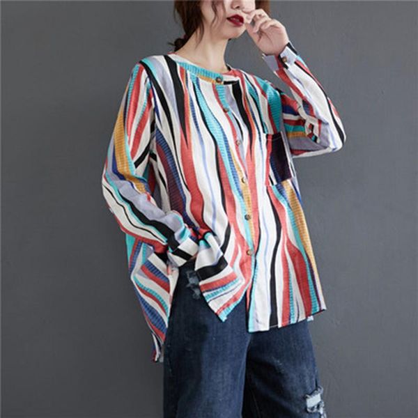 

new arrival autumn korean style loose casual o-neck long sleeve cotton linen shirt single-breasted striped blouse women a297, White