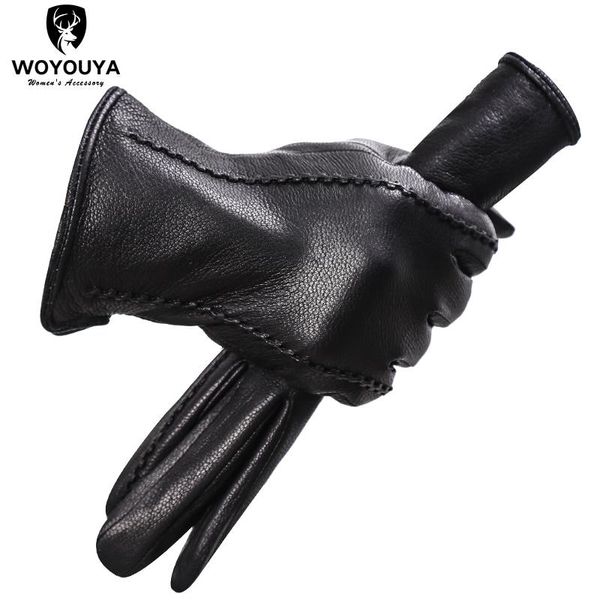 

five fingers gloves winter sheepskin gloves, black genuine leather women' brand thick warm gloves-2269, Blue;gray