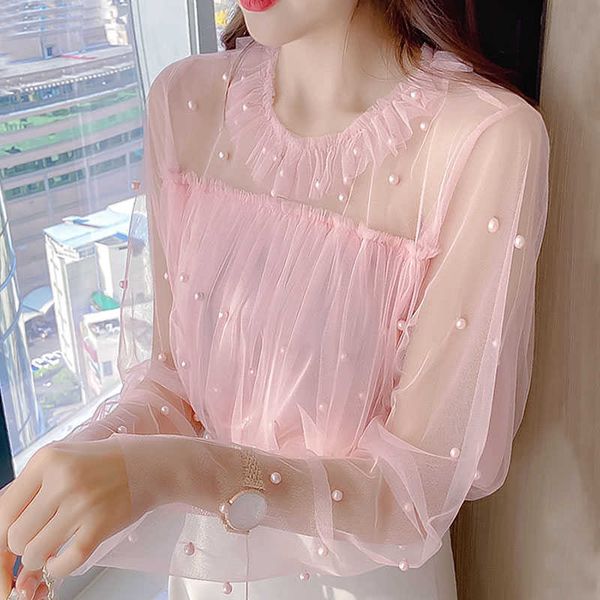 

elegant shirt female shirt korean black beading solid ruffled flare sleeve pink korean fashion clothing white 0710 210528