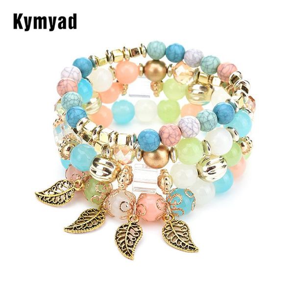 

charm bracelets kymyad bohemia for women bijoux hollow leaves & bangles beads bracelet femme multilayer, Golden;silver