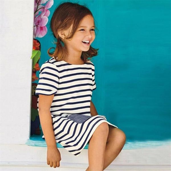 

girl's dresses 2-8 years girls casual short sleeve blue stripe denim pocket summer dress kids cotton children clothing, Red;yellow